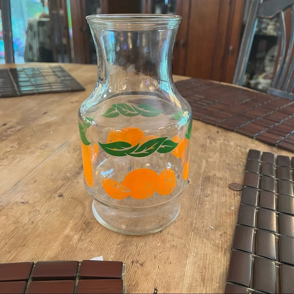Orange Juice Glass Pitcher VTG 70’s Carafe Kitchen Kitschy Collectible